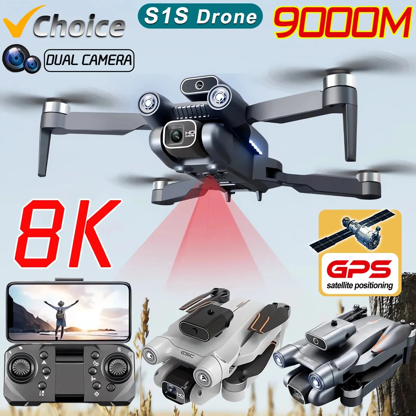 Drone Camera Professional - プロのブラシレスモーター付きドローン,GPS付きクワッドコプター,折りたたみ式HDデュアルカメラ,s1s,5g,8k,新品
