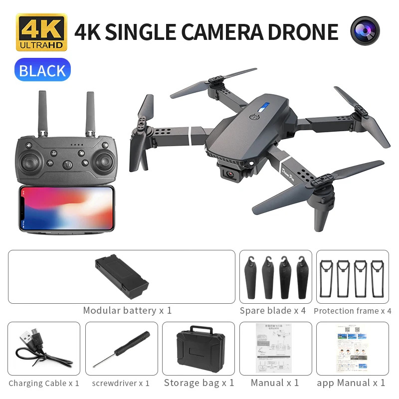 Drone Camera Professional - E88 Proインテリジェント折りたたみドローンは、シングル/デュアルカメラ切り替え、4K画質+広角撮影、WiFiダイレクトリアルタイムをサポートしています。