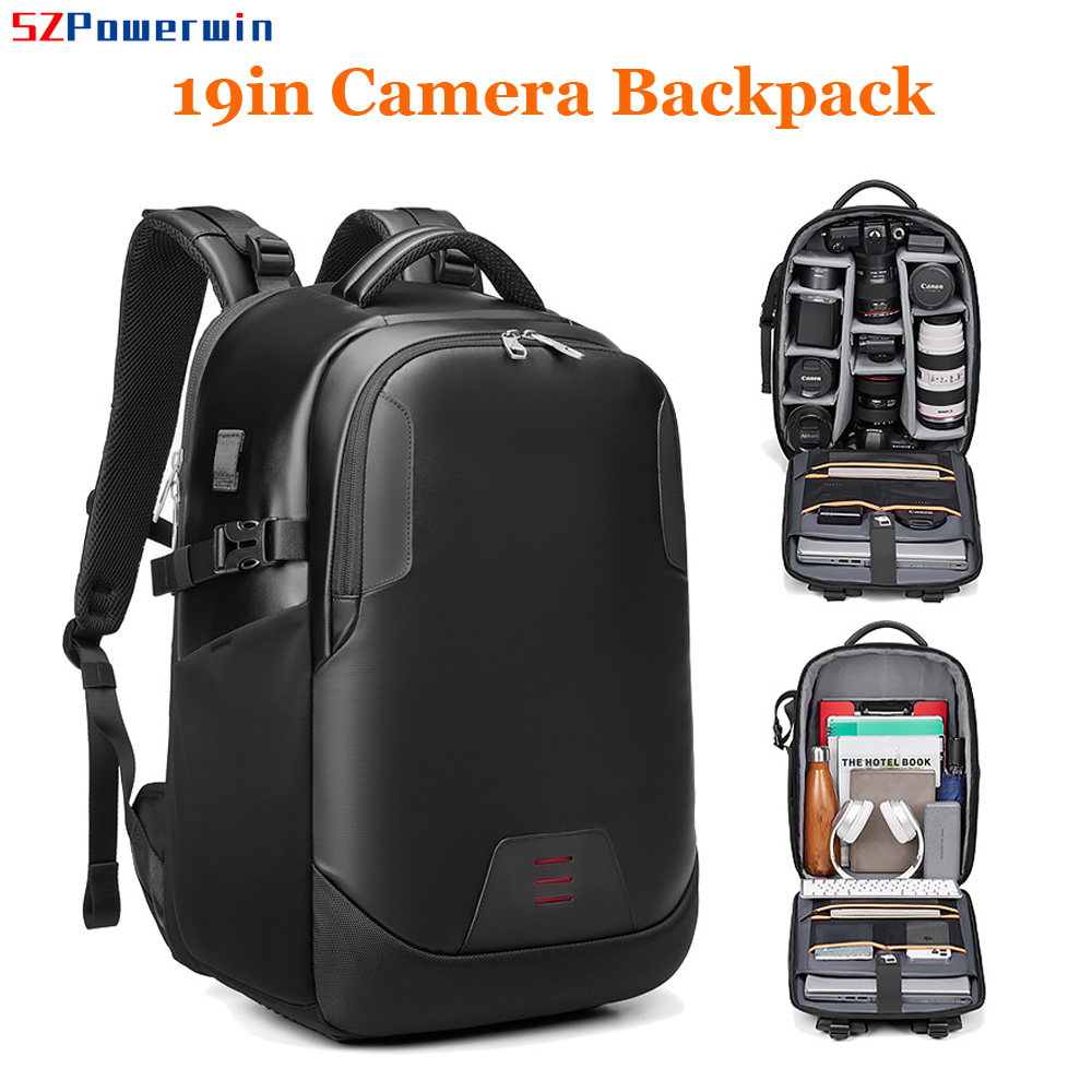 Drone Camera Waterproof - Powerwin 新型19インチ DSLRカメラバッグ 防水耐摩耗性 ドローン/ラップトップ対応バックパックケース Canon/Nikonレンズ三脚写真スタジオ用