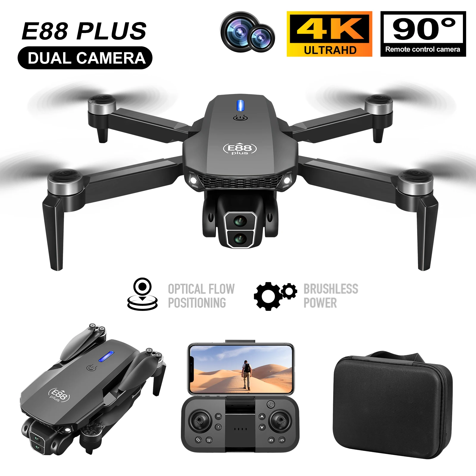 新型E88 Plusクアッドコプタードローン：90 °    - Drone Camera Hd のレビューと価格